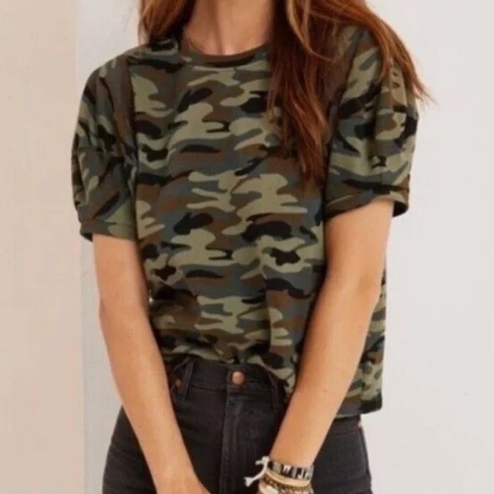 VELVET BY GRAHAM & SPENCER FOR ANTHROPOLOGIE CAMO POUF SLEEVE SWEATSHIRT SZ XL